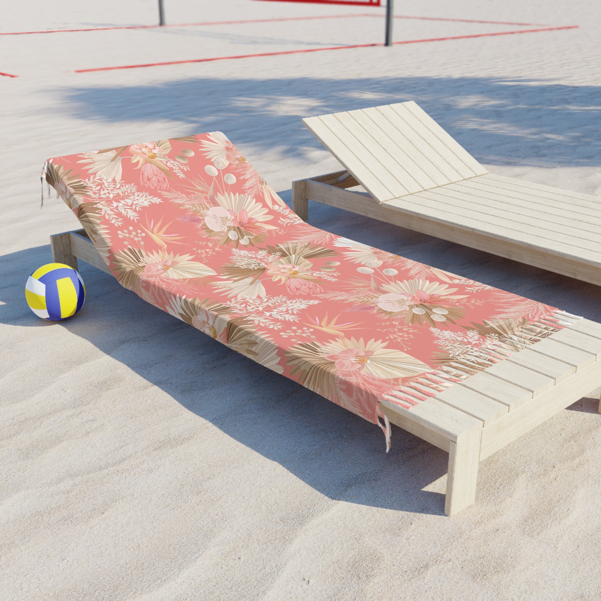 Boho Floral Beach Towel — Pink Tropical Palm Print with Fringe