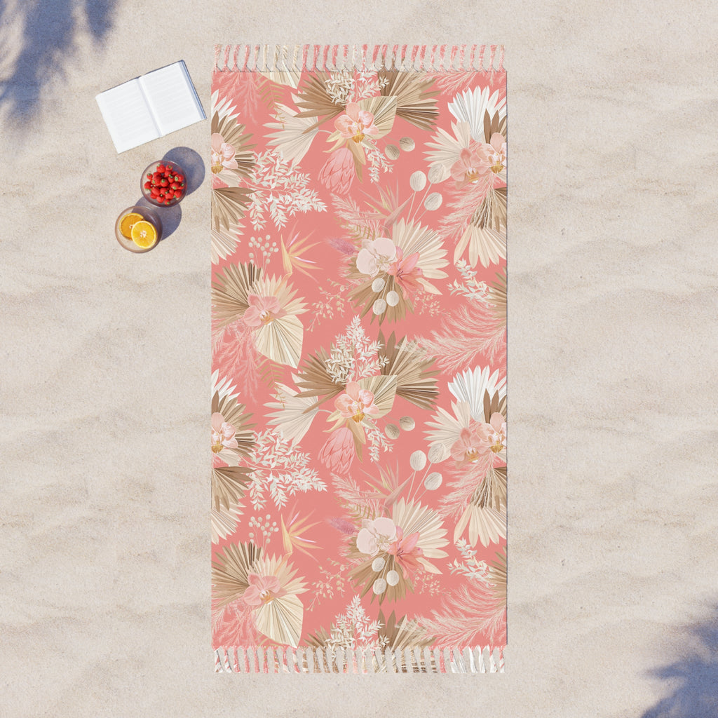 Boho Floral Beach Towel — Pink Tropical Palm Print with Fringe