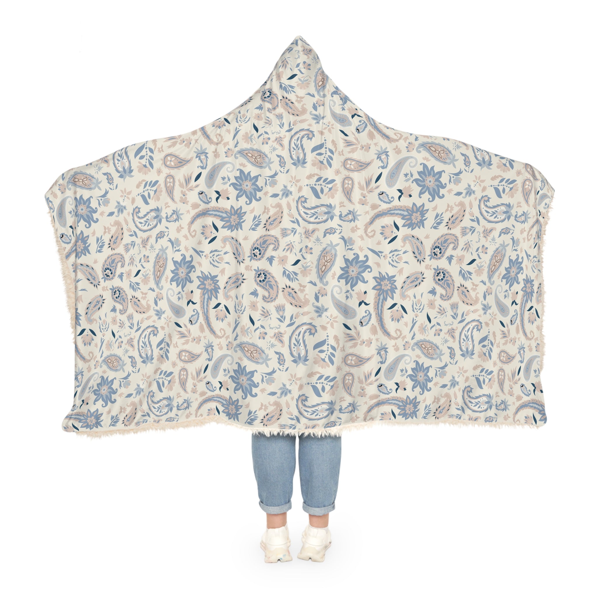 Hooded Blanket — Neutral Blue Beige Paisley Snuggle Throw