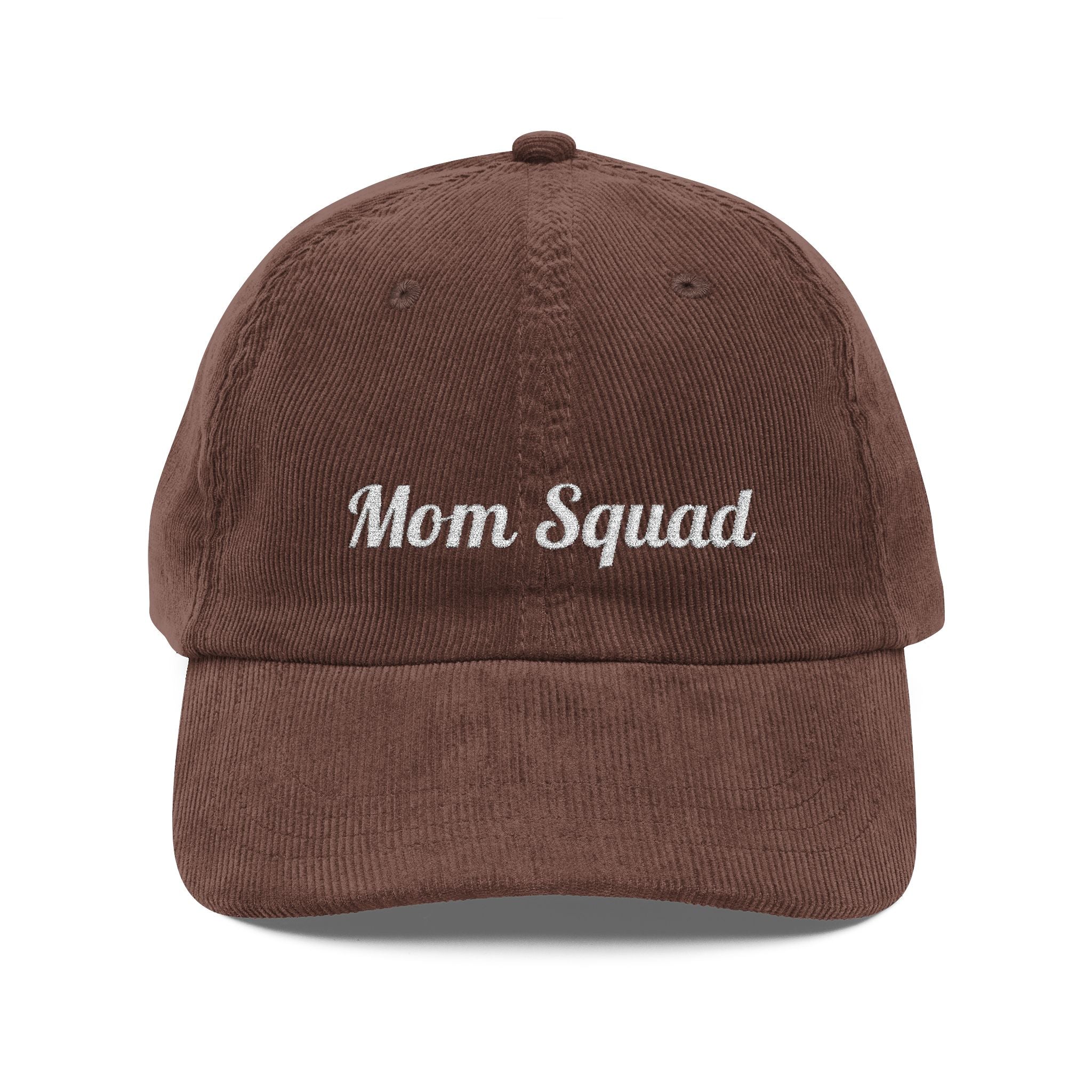 Mom Squad Vintage Corduroy Cap — Embroidered Rust Baseball Hat for Moms