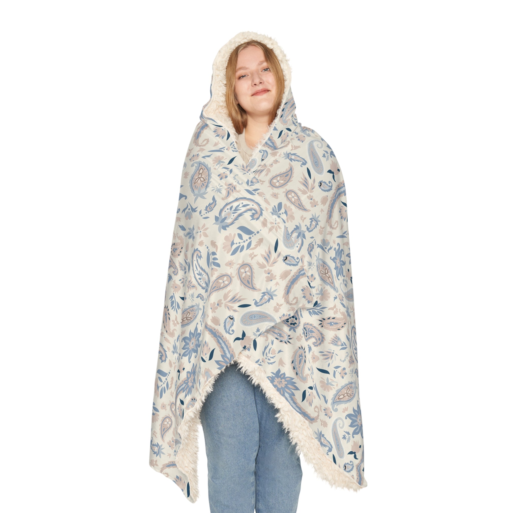 Hooded Blanket — Neutral Blue Beige Paisley Snuggle Throw