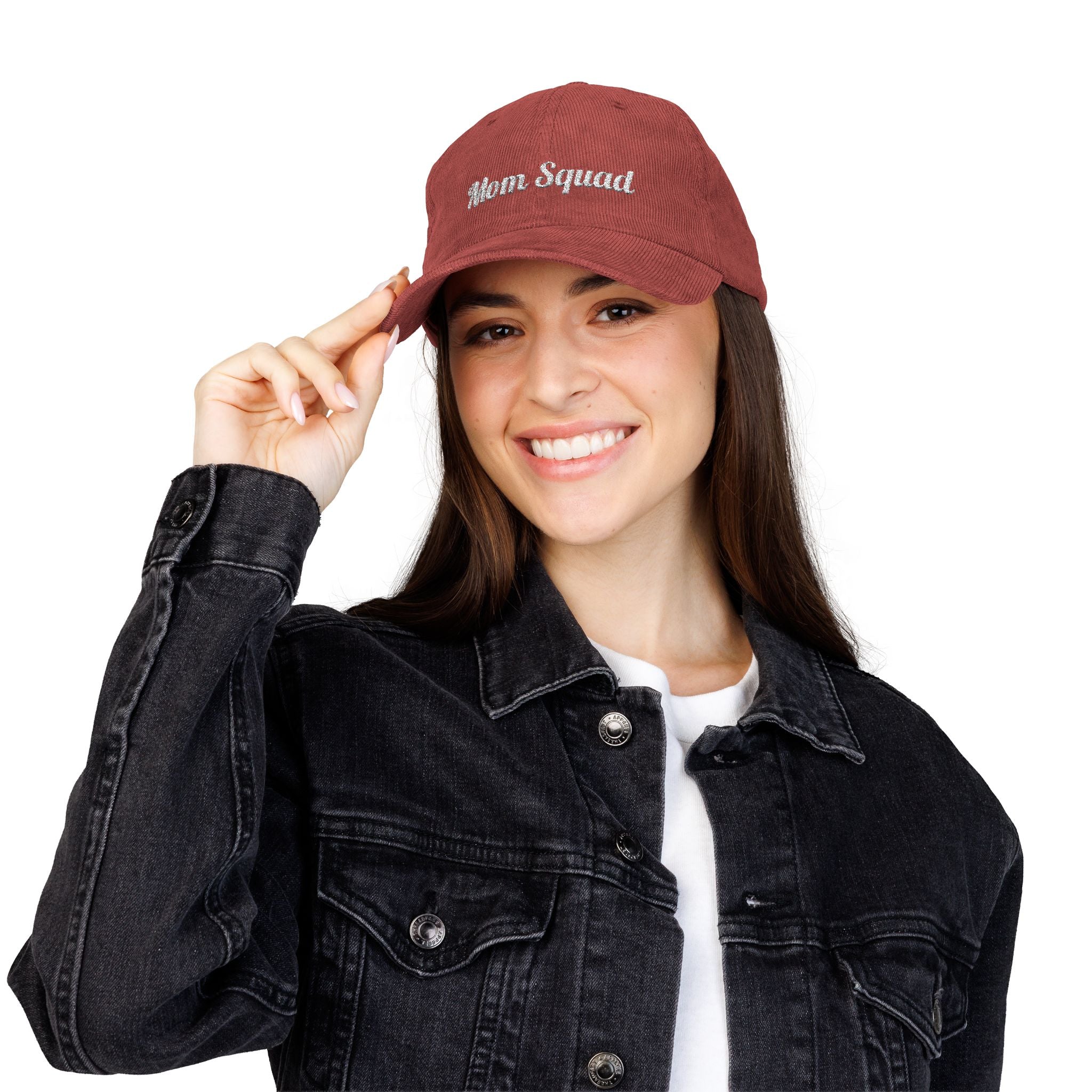 Mom Squad Vintage Corduroy Cap — Embroidered Rust Baseball Hat for Moms
