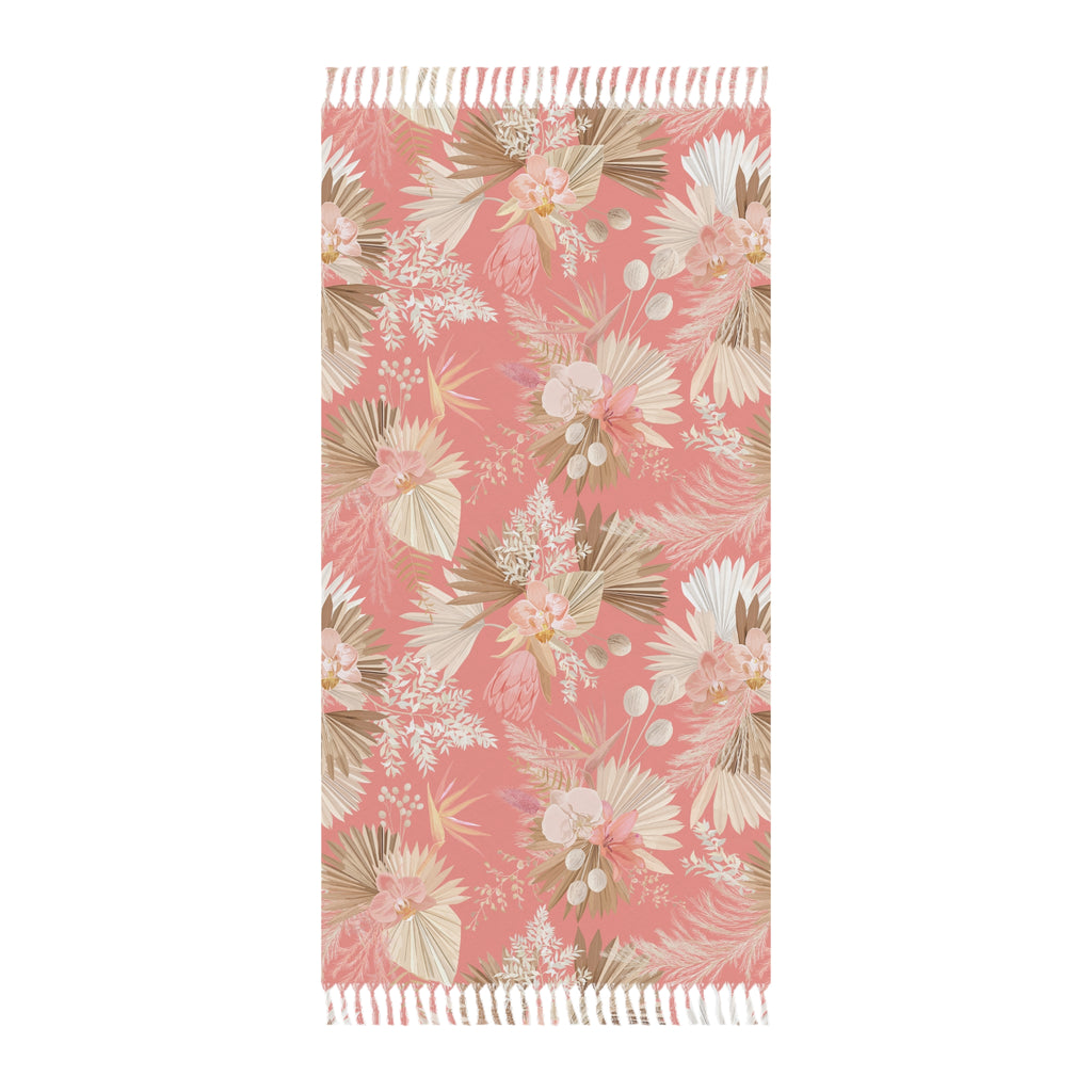 Boho Floral Beach Towel — Pink Tropical Palm Print with Fringe