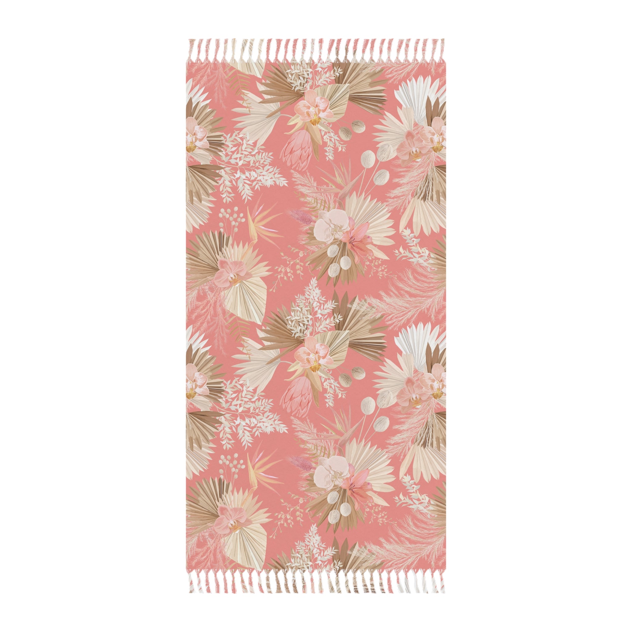 Boho Floral Beach Towel — Pink Tropical Palm Print with Fringe