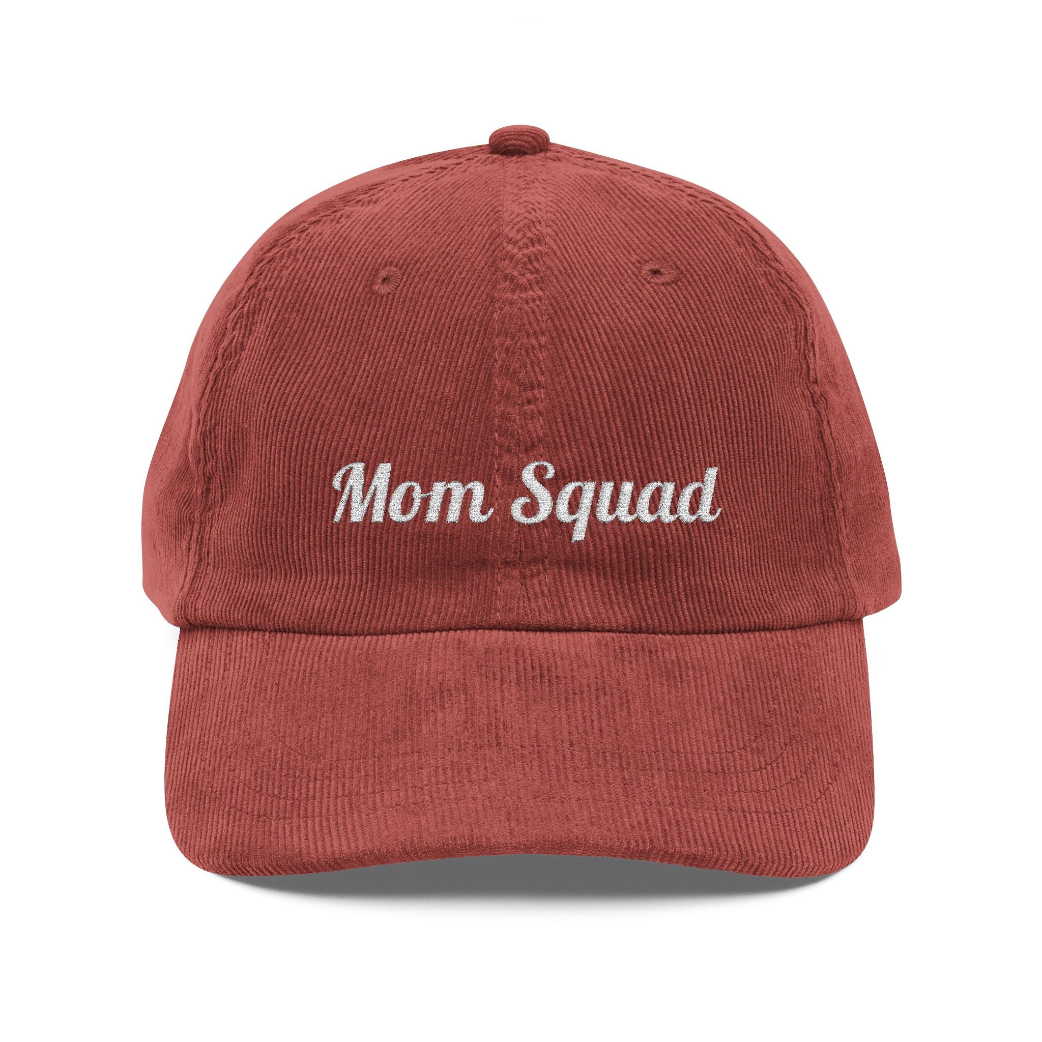 Mom Squad Vintage Corduroy Cap — Embroidered Rust Baseball Hat for Moms