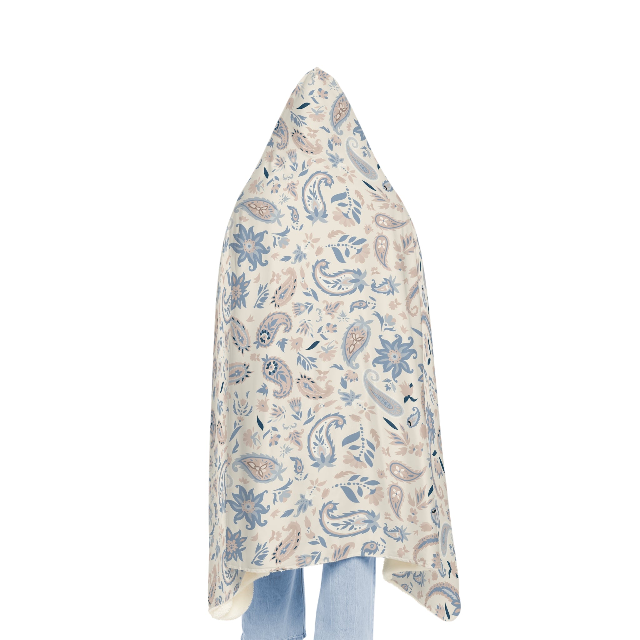 Hooded Blanket — Neutral Blue Beige Paisley Snuggle Throw