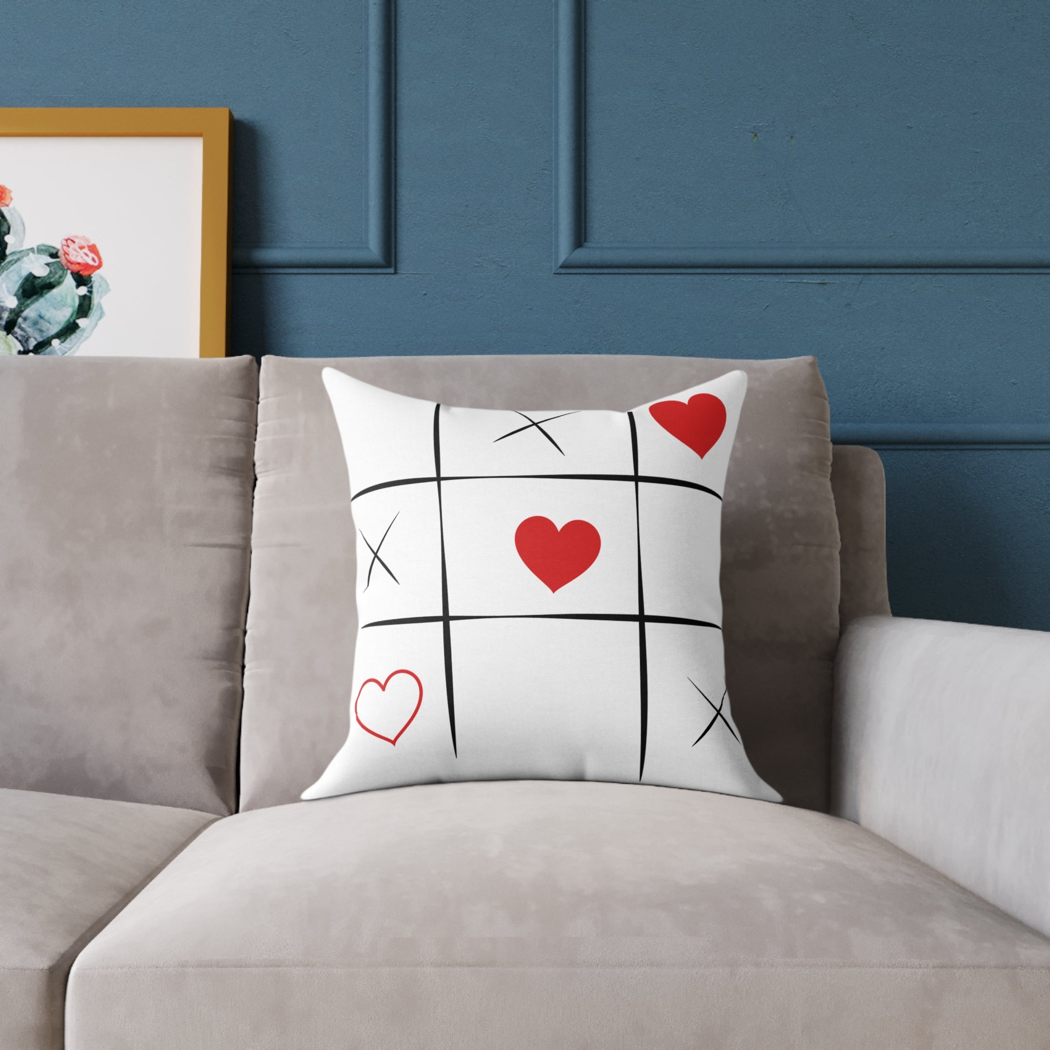 Tic-Tac-Heart Decorative Pillow — Valentine's Love Game Square Throw Pillow