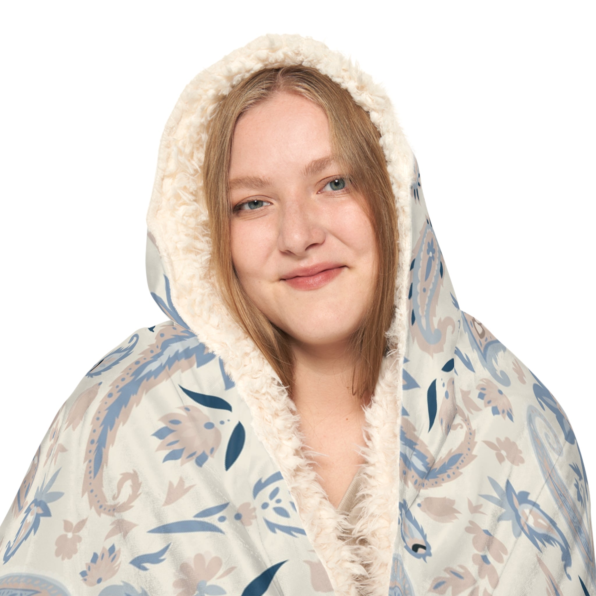 Hooded Blanket — Neutral Blue Beige Paisley Snuggle Throw