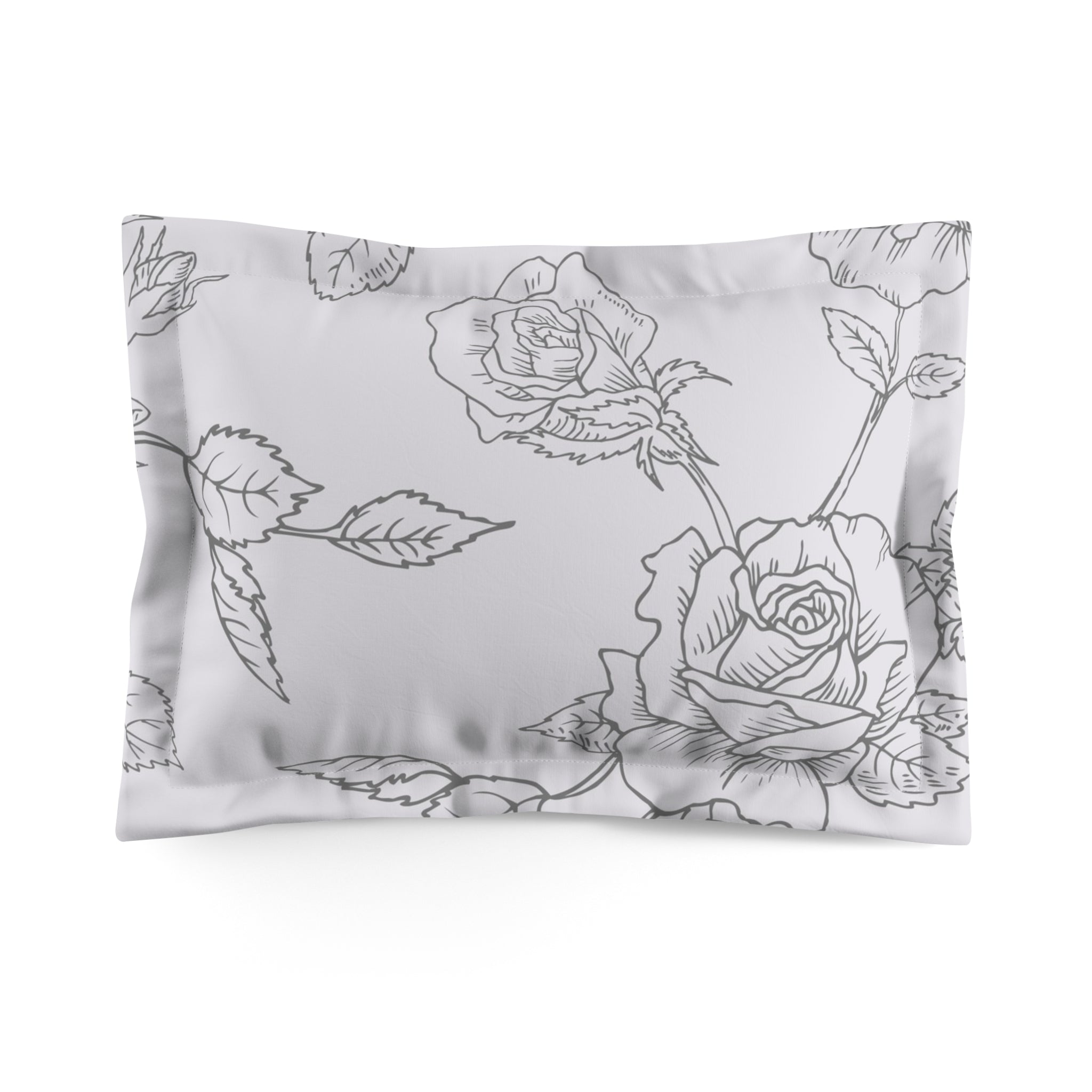 Floral Sketch Pillow Sham — Gray Rose Microfiber Decorative Sham