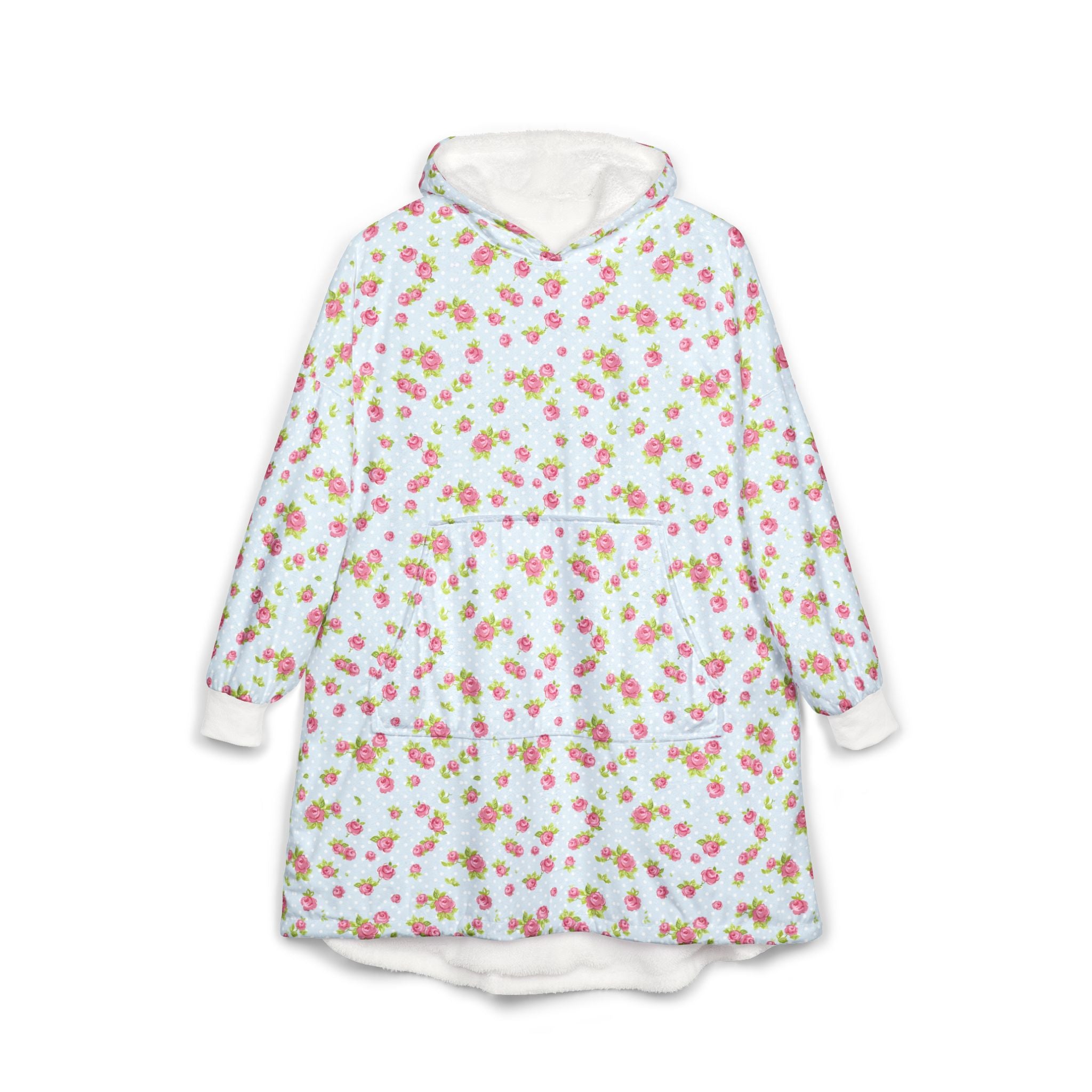 Floral Cozy Hooded Blanket — Pink Rose Print Oversized Wearable Blanket