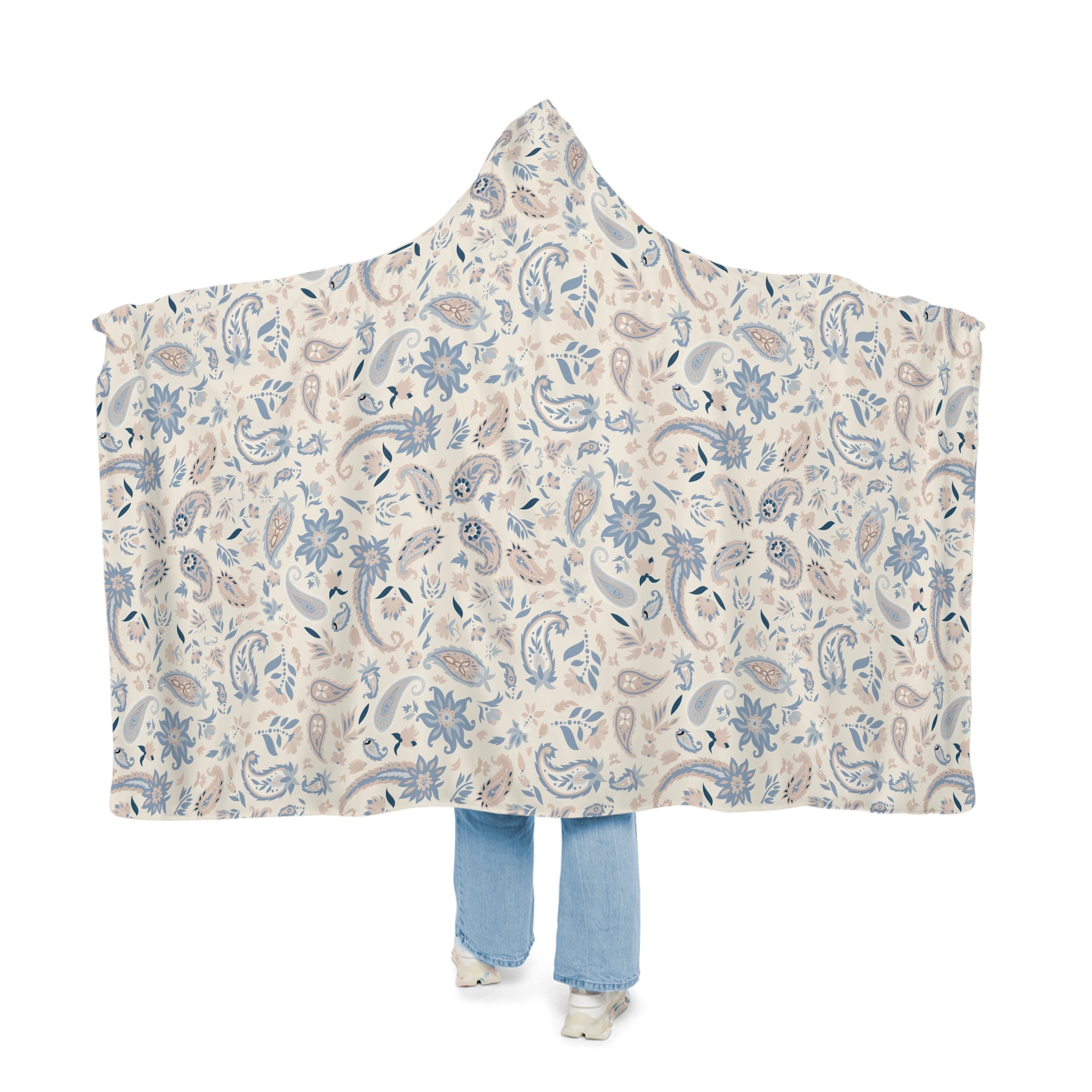 Hooded Blanket — Neutral Blue Beige Paisley Snuggle Throw
