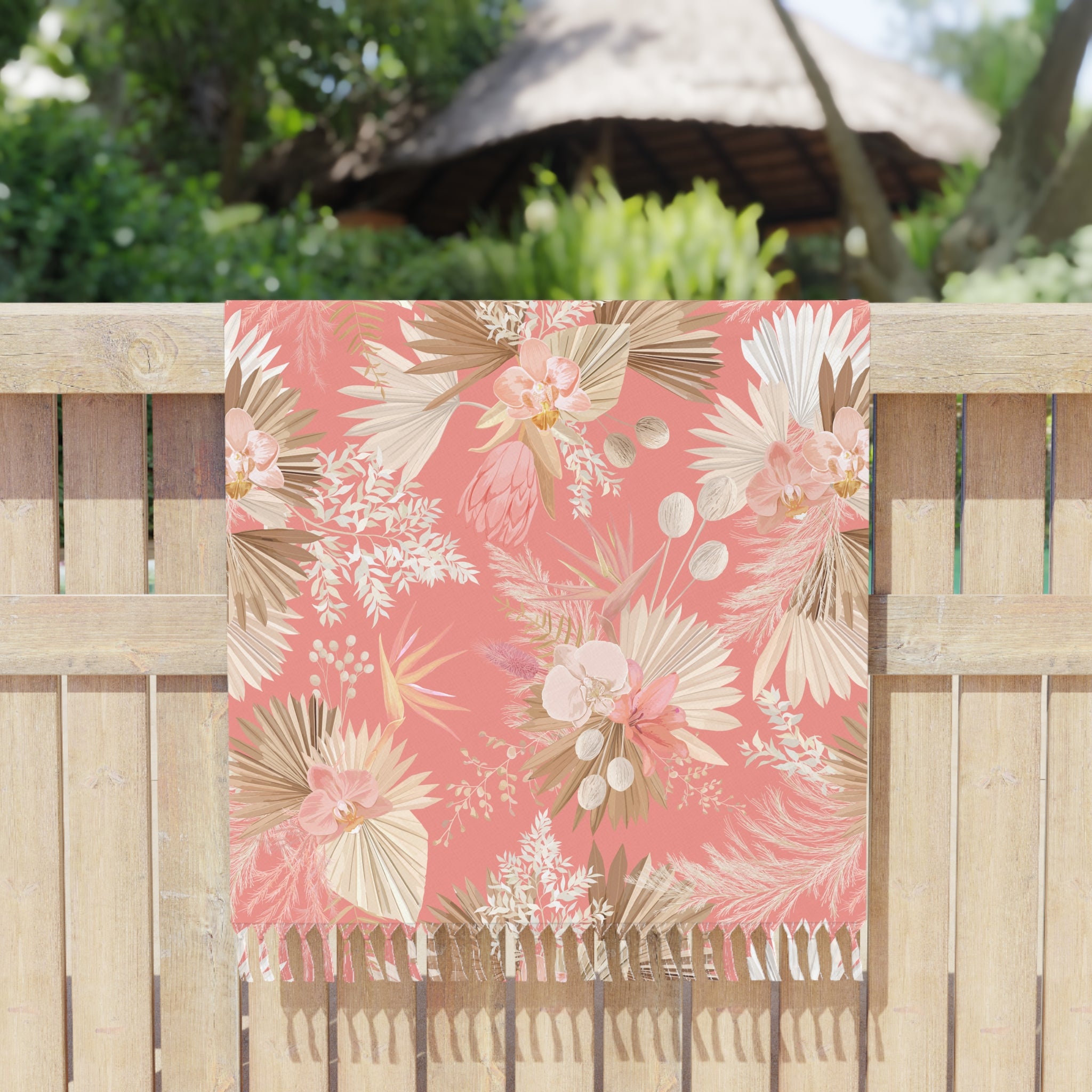 Boho Floral Beach Towel — Pink Tropical Palm Print with Fringe